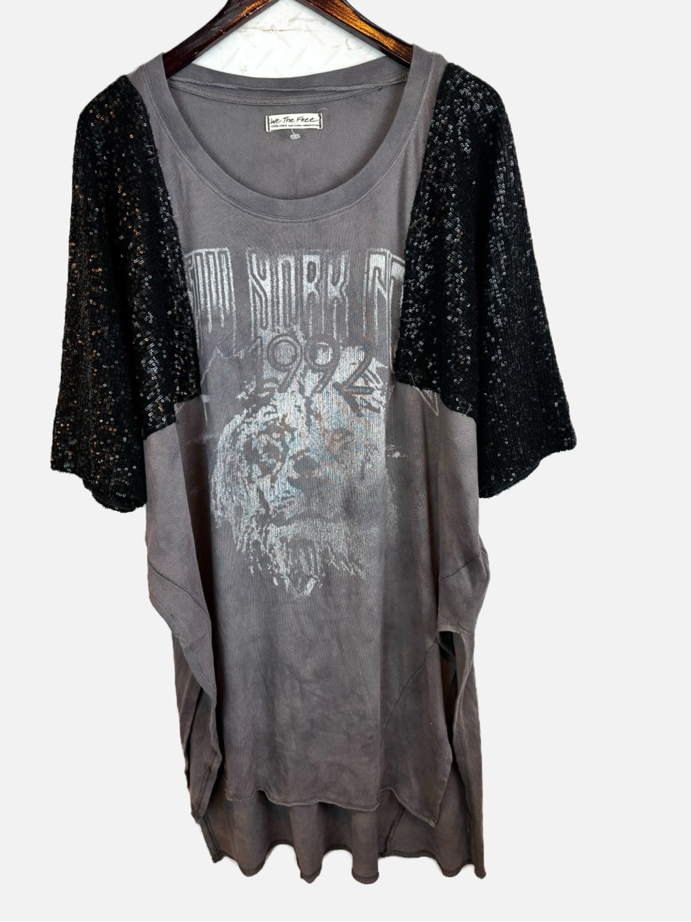 We The Free | Gray City Sparkle Graphic Tee with Black Sequin Sleeves, XL